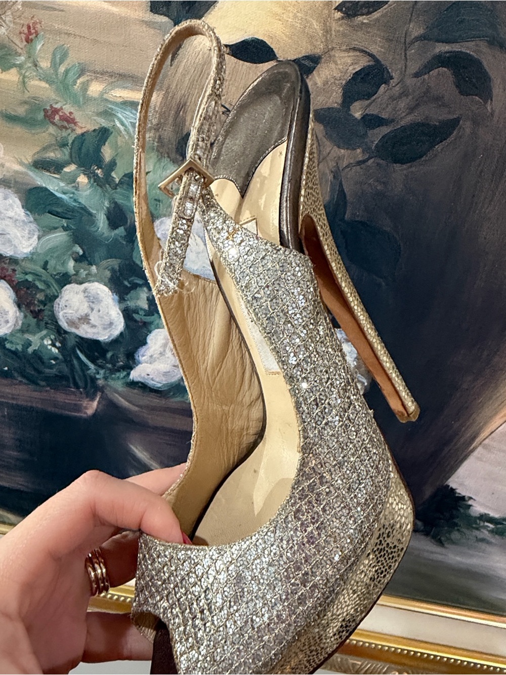 Jimmy Choo Clue Champagne Glitter Platform Heels Slingback EU 38 US 8 Authentic - Picture 9 of 12